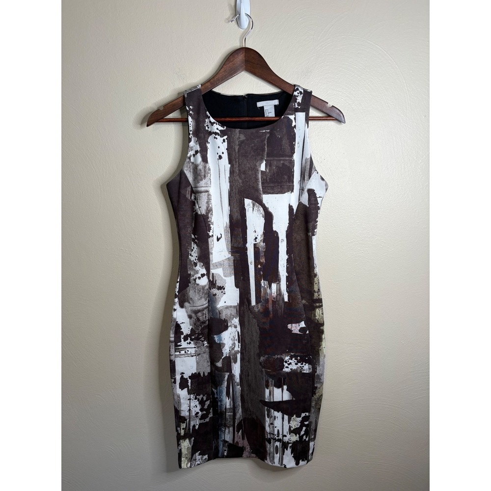 H&M Womens Sheath Dress Small Abstract Brushstroke Print Sleeveless Brown Black